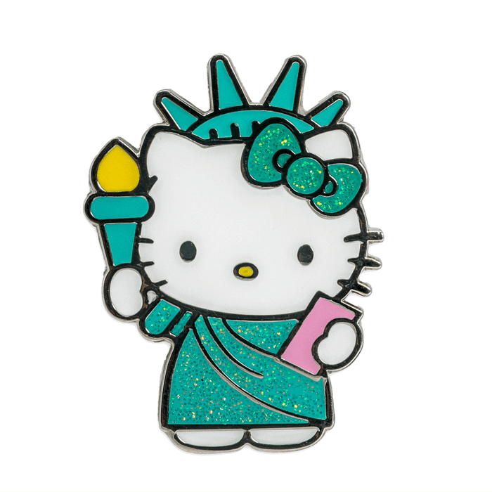 Hello Kitty NYC enamel pins and lanyard set by Sanrio, limited edition with colorful Hello Kitty designs and keychain accessories.
