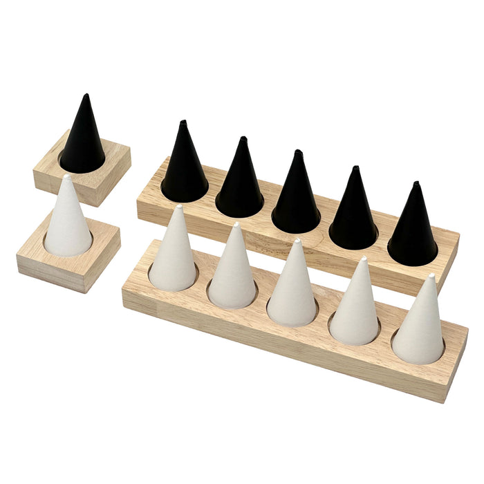 5 Finger Black Leatherette and Wood Ring Display