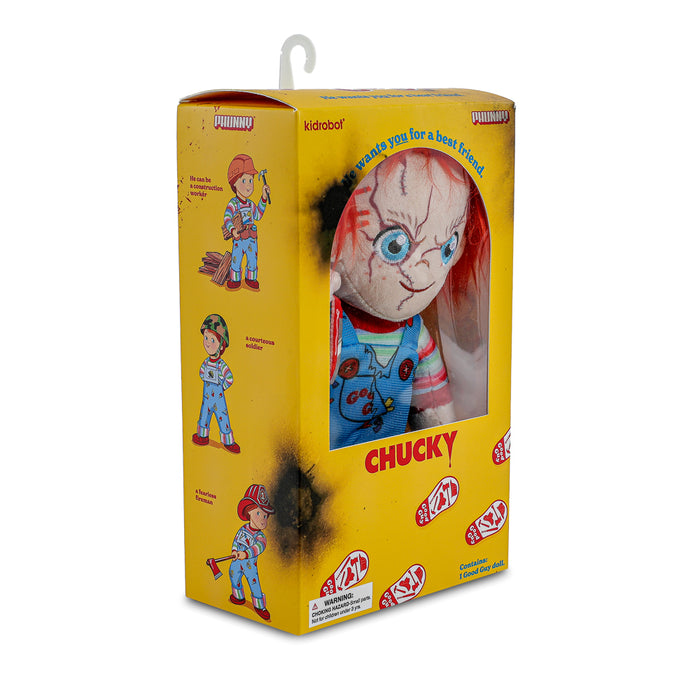 Bride of Chucky Evil Chucky plush toy from Chucky, standing in box with detailed stitched face and creepy expression.