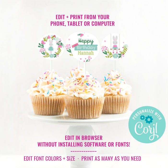 Bunny Birthday Party Cupcake Toppers | Floral Bunny Rabbit Cupcake Toppers | Easter Party Cupcake Toppers