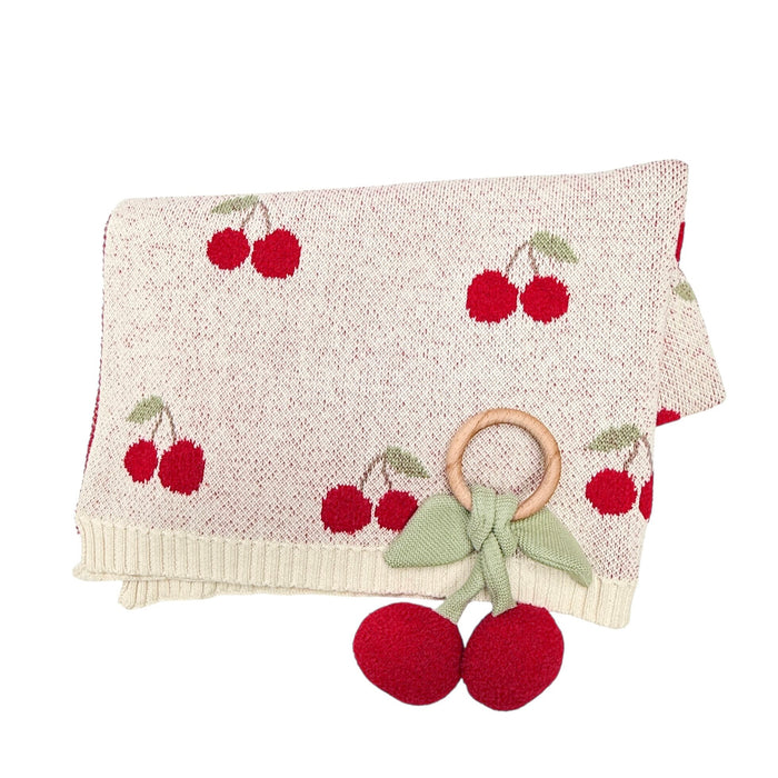 Cherry Organic Baby Blanket + Ring Rattle Toy Gift Set