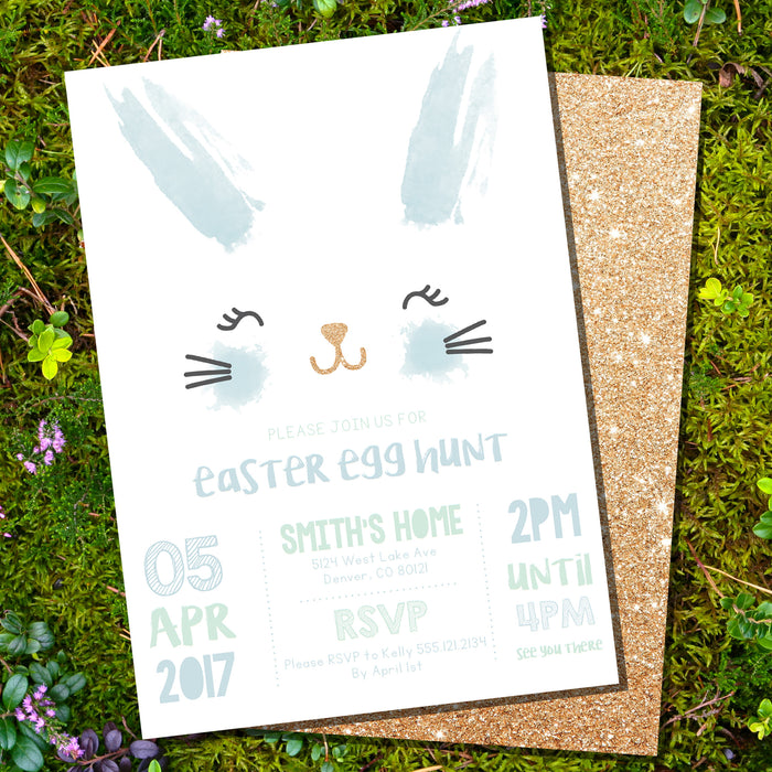 Easter Egg Hunt Invitation, blue with gold glitter background
