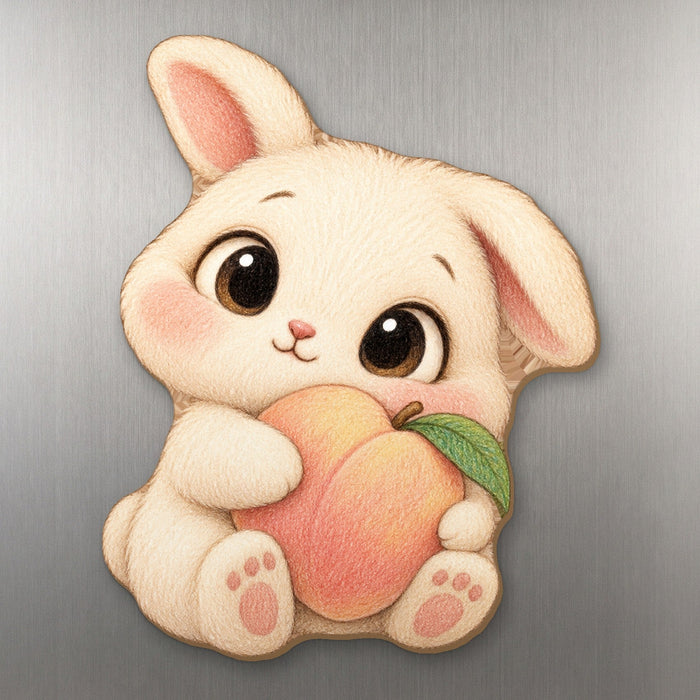 Just Peachy Bunny wood magnet M222 on a stainless steel fridge, made in USA