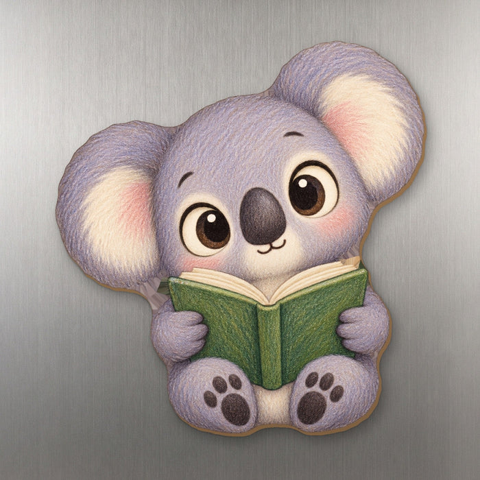 Koala-fied Reader wood magnet M221 on a stainless steel fridge, made in USA