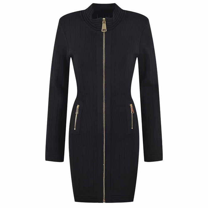 Mini Dress Ladies Long Sleeve Knitted Dress with Zips