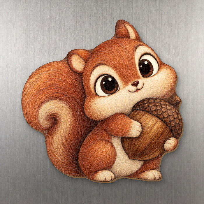 Nuts About You Squirrel wood magnet M224 on a stainless steel fridge, made in USA