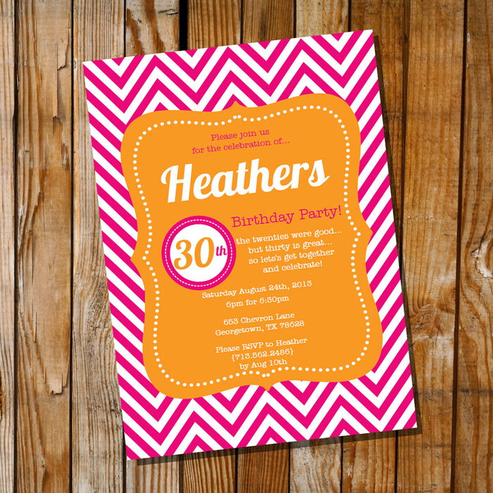 Orange and Pink Chevron Birthday Invitation