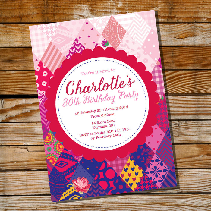 Pink and Red Shabby Chic Quilt Birthday Invitation