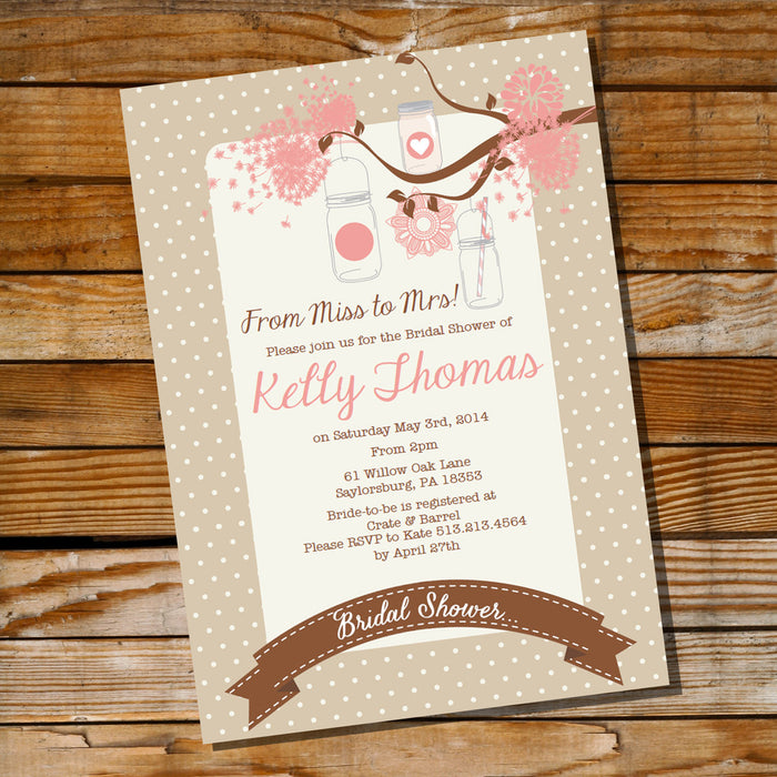 Rustic Shabby Chic Mason Jar Bridal Shower | Bachelorette Invitation
