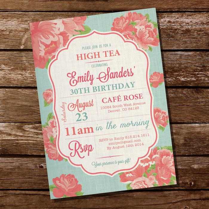 Shabby Chic High Tea Invitation | Floral Linen Invitation