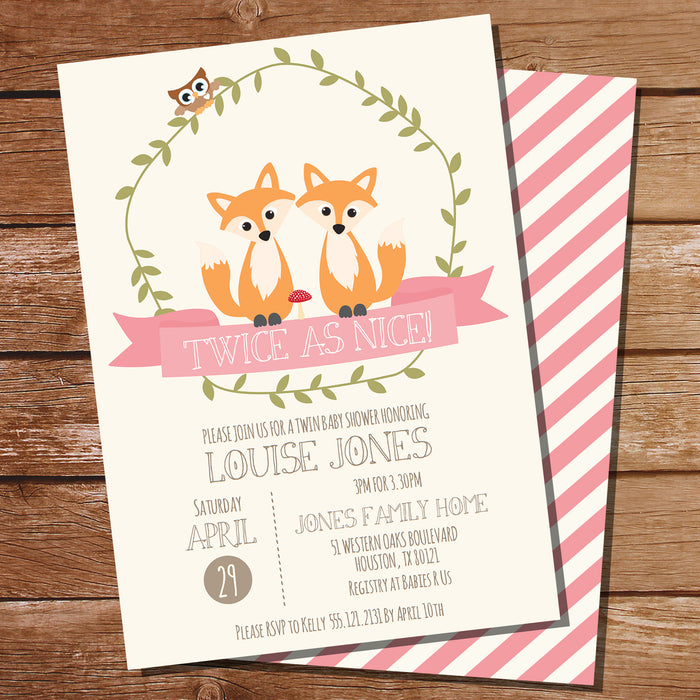 Twin Fox Baby Shower Invitation for Girls | Twin Baby Shower