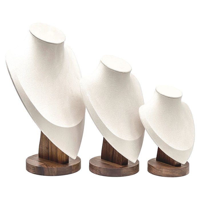 12" Cream Microfiber Walnut Base Necklace Bust Display