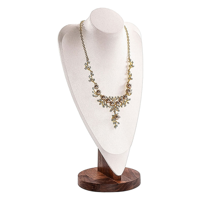 14 1/2" Cream Microfiber Walnut Base Necklace Bust Display