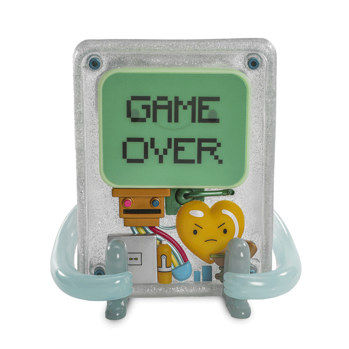 Adventure Time BMO 8-inch glow-in-the-dark vinyl art figure, Game Over Limited Edition of 300, showcasing BMO's detailed design
