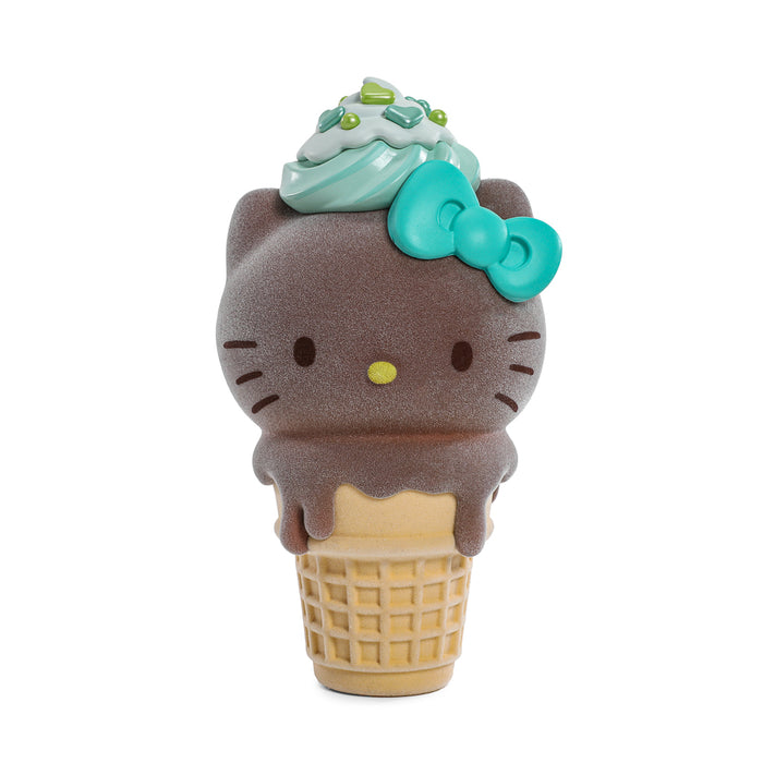 Hello Kitty ice cream cone art figure and pin bundle, flocked chocolate with mint edition, limited to 500 pieces, by Sanrio.