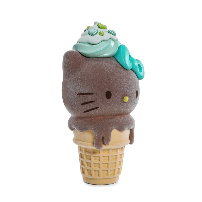 Hello Kitty flocked chocolate and mint ice cream cone art figure with pin bundle by Sanrio, limited edition, detailed collectible set.