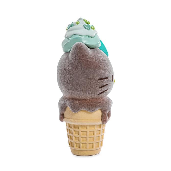 Hello Kitty ice cream cone art figure and pin bundle with flocked chocolate and mint finish, Sanrio limited edition collectible set.