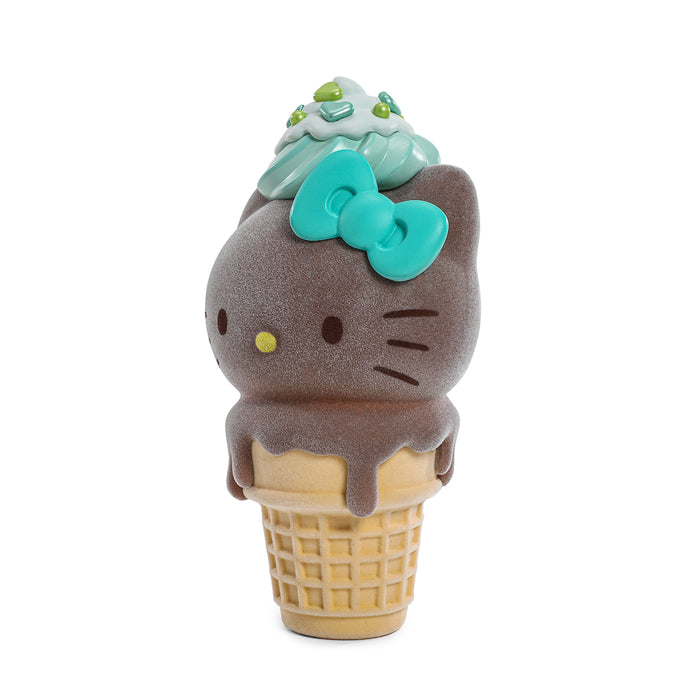 Hello Kitty ice cream cone art figure and pin bundle with flocked chocolate and mint design, limited edition Sanrio collectible.
