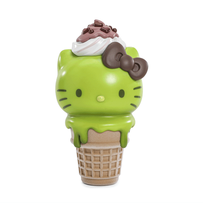 Hello Kitty ice cream cone art figure and pin bundle by Sanrio, glow-in-the-dark Matcha with Chocolate edition, limited to 500 pieces.