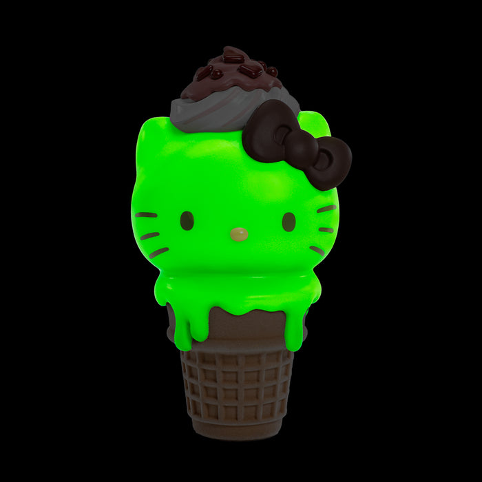 Hello Kitty ice cream cone art figure and pin bundle by Sanrio, glow-in-the-dark Matcha with Chocolate limited edition.