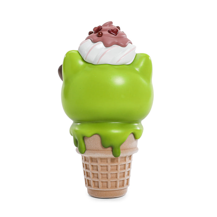 Hello Kitty ice cream cone art figure and pin bundle by Sanrio, limited edition glow-in-the-dark matcha and chocolate design.