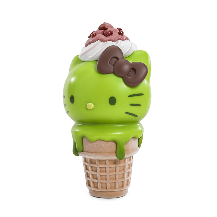 Hello Kitty ice cream cone art figure and pin bundle by Sanrio, limited edition glow-in-the-dark matcha and chocolate design.