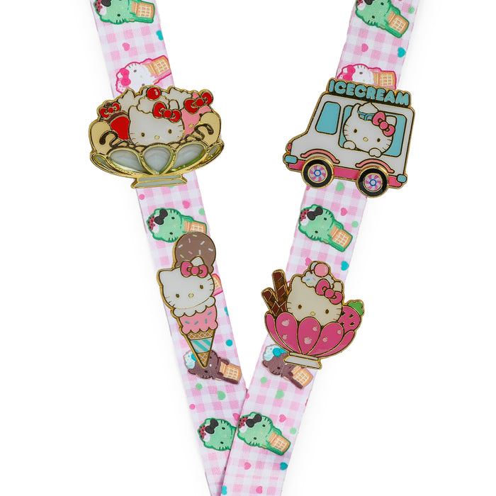 Hello Kitty ice cream pins and lanyard set from Sanrio, limited edition 2025 Con exclusive, featuring colorful Hello Kitty ice cream designs.