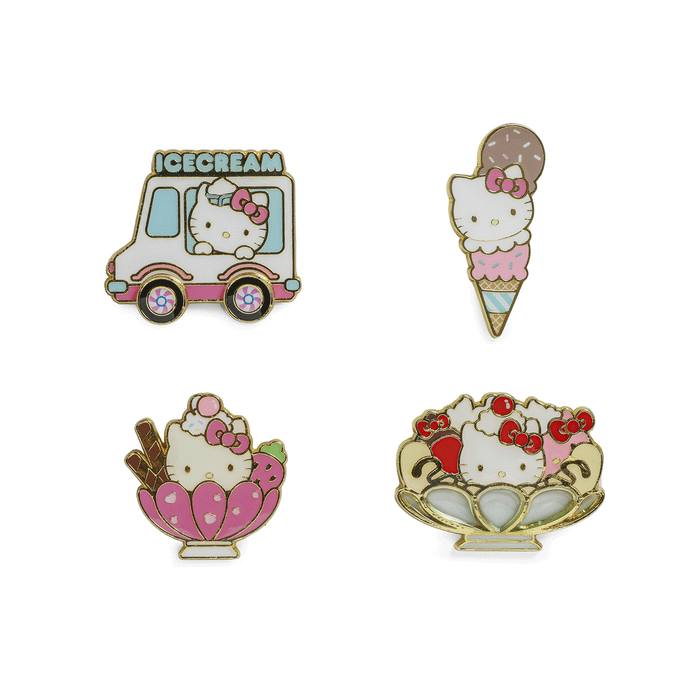 Hello Kitty ice cream deluxe pins and lanyard set by Sanrio, featuring colorful Hello Kitty-themed ice cream designs.
