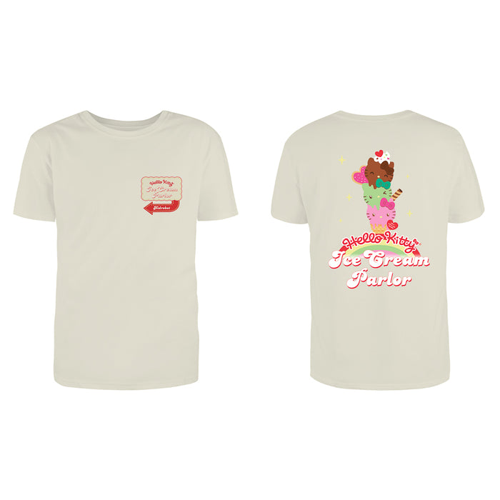 Hello Kitty ice cream parlor T-shirt by Sanrio, limited edition apparel featuring colorful Hello Kitty design.