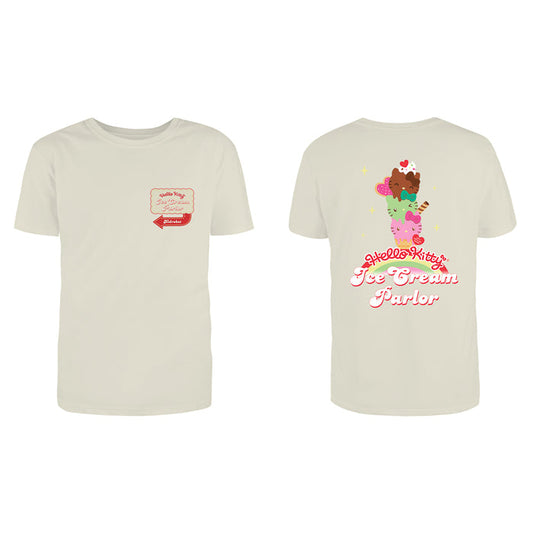 Hello Kitty ice cream parlor T-shirt by Sanrio, limited edition apparel featuring colorful Hello Kitty design.