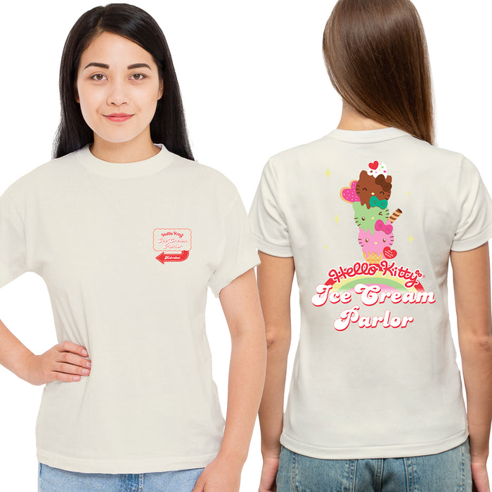 Hello Kitty ice cream parlor T-shirt by Sanrio featuring colorful Hello Kitty design, limited edition apparel image.