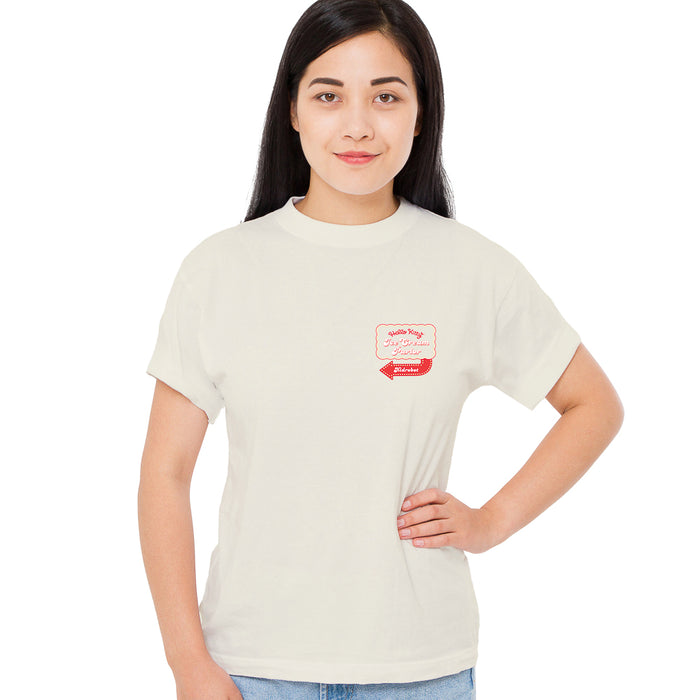 Hello Kitty ice cream parlor T-shirt by Sanrio, limited edition apparel featuring colorful Hello Kitty design.