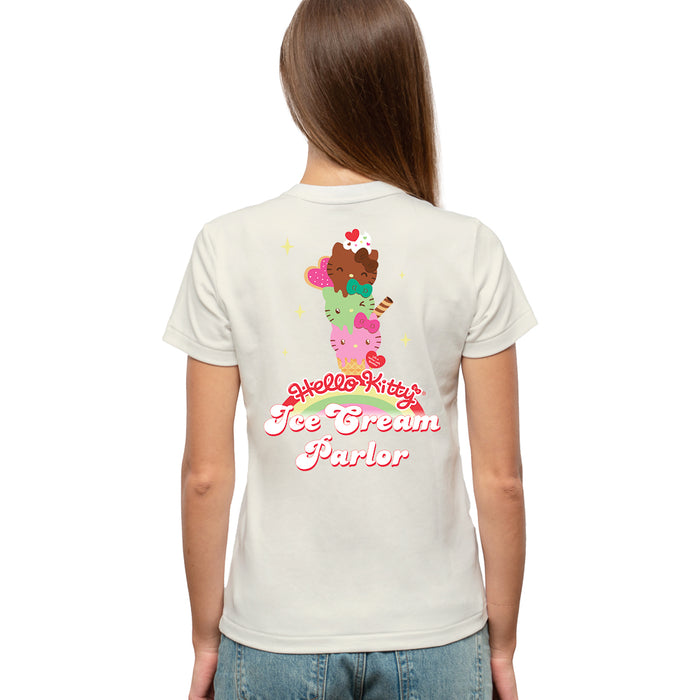 Sanrio Hello Kitty Ice Cream Parlor T-Shirt featuring colorful Hello Kitty design on soft fabric, limited edition apparel.