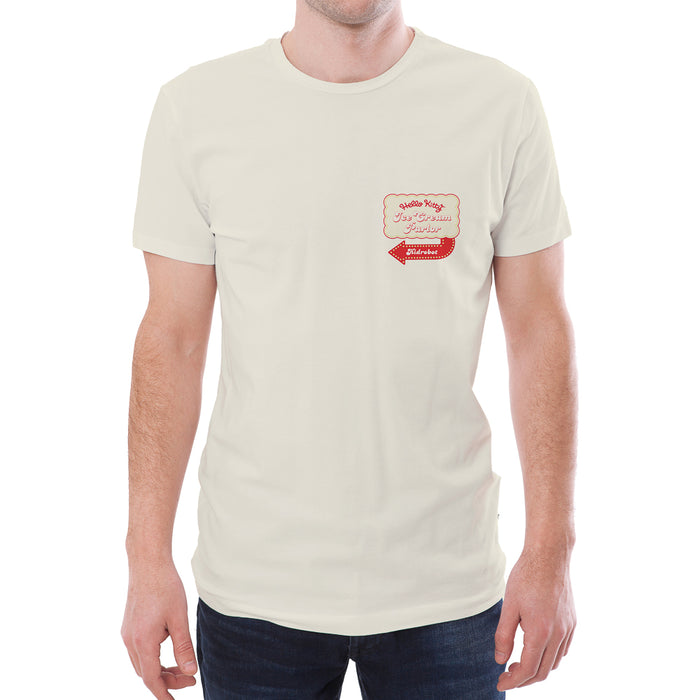 Hello Kitty ice cream parlor T-shirt by Sanrio, limited edition apparel featuring Hello Kitty design and pastel colors.