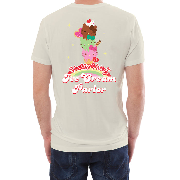 Hello Kitty ice cream parlor T-shirt by Sanrio, limited edition 2025 con exclusive, featuring colorful Hello Kitty design on soft apparel.