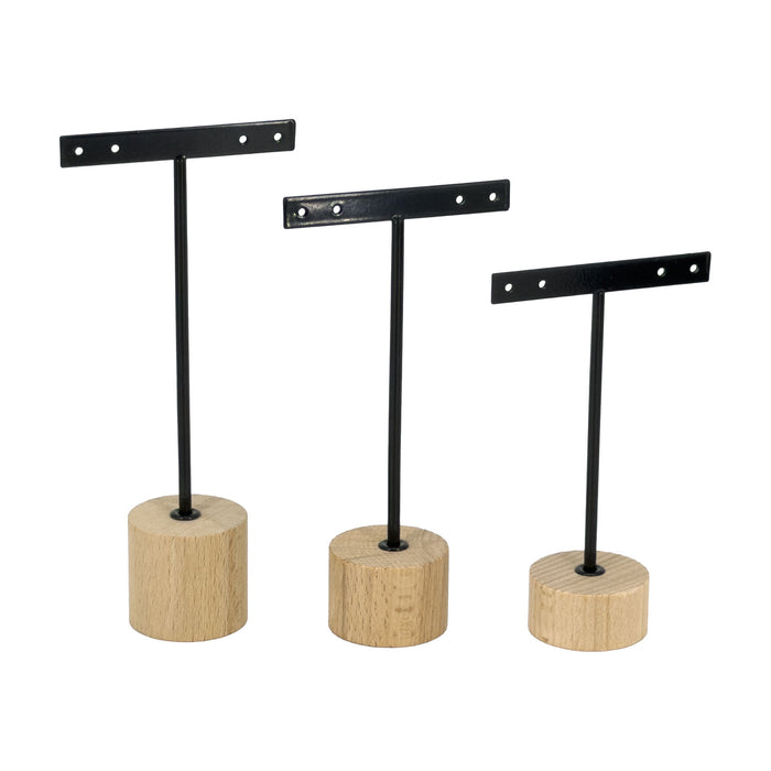 3 Tier Black Metal and Wood Cylinder Base T-Bar Earring Display Stand Set