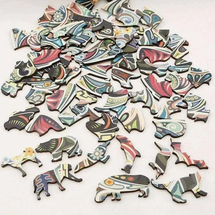 Laser cut wooden cat puzzle pieces with animal shapes