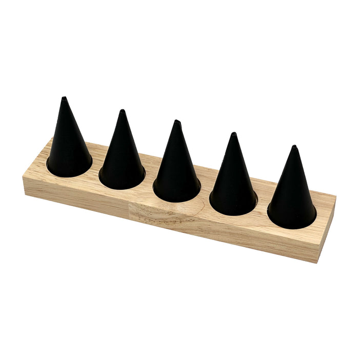 5 Finger Black Leatherette and Wood Ring Display