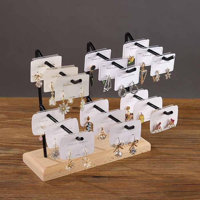 6 Hook Black Metal Earring Card Display Stand with Wood Base