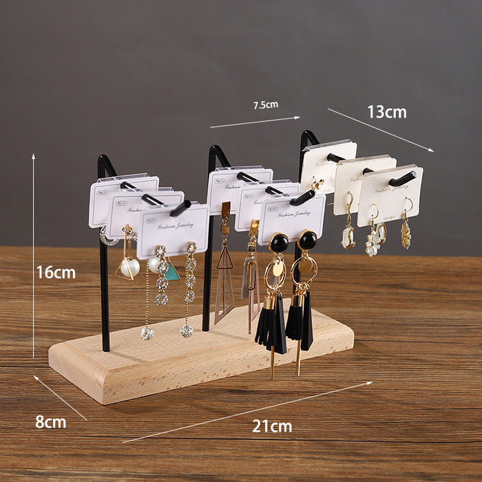 6 Hook Black Metal Earring Card Display Stand with Wood Base