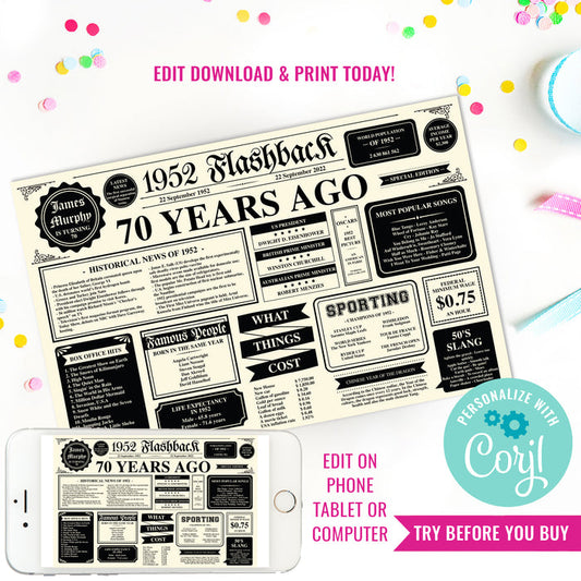 70th Birthday Party Printable Placemat