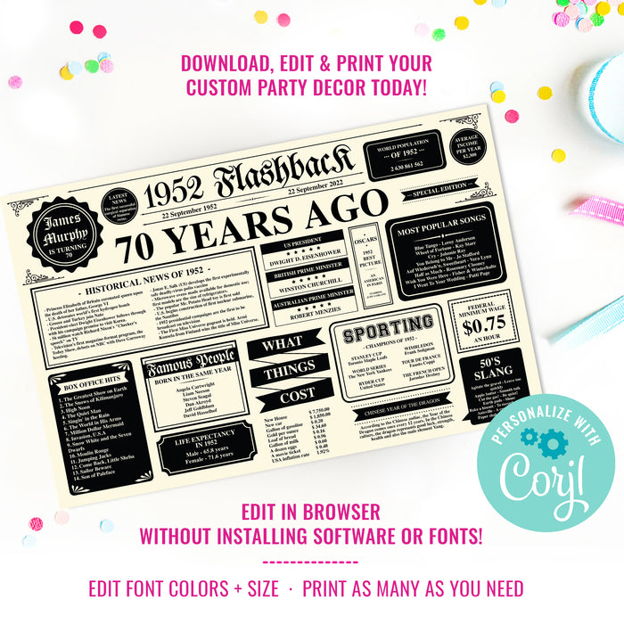 70th Birthday Newspaper Placemat