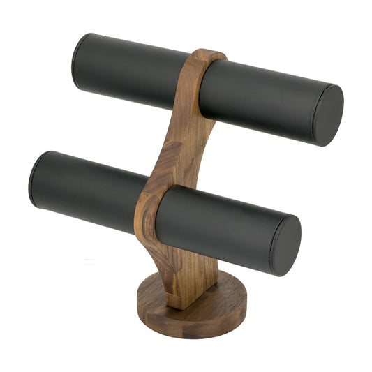 9 1/4" x 9 1/4" Black Leatherette Walnut 2-Tier Round Bar Bracelet Display