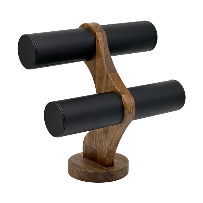 9 1/4" x 9 1/4" Black Leatherette Walnut 2-Tier Round Bar Bracelet Display