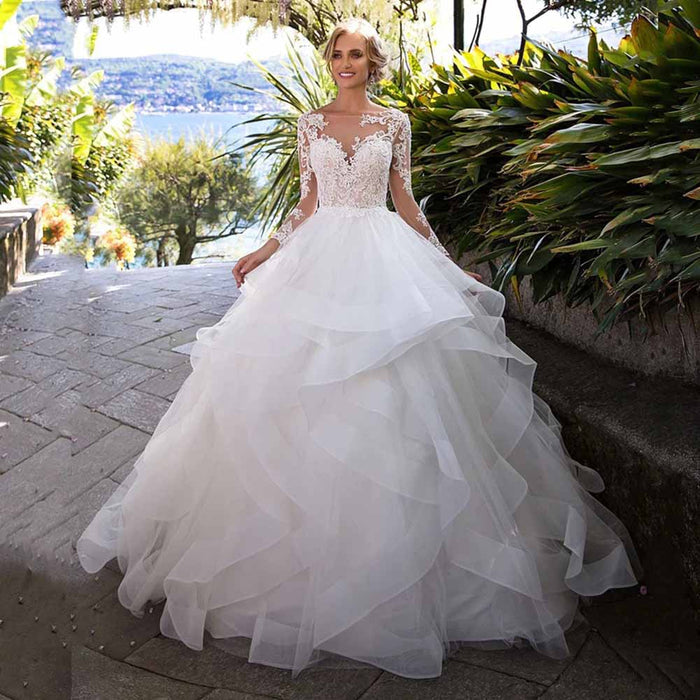 A-Line/Princess Tulle Lace V-neck Long Sleeve Sweep Brush Train Wedding Dresses