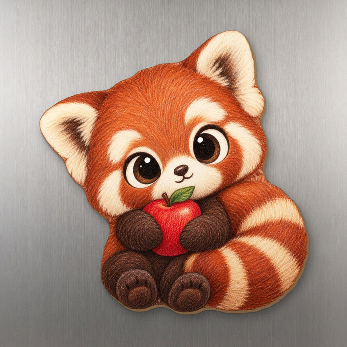Apple of My Eye Red Panda wood magnet M220 on a stainless steel fridge, made in USA