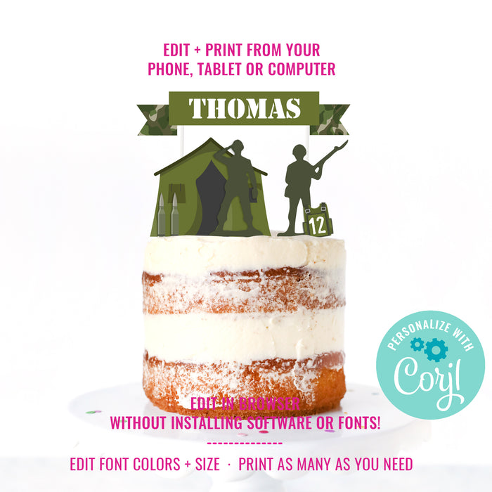 Army Camo Birthday Party Cake Topper for a Boy | Modern Army Party Cake Toppers