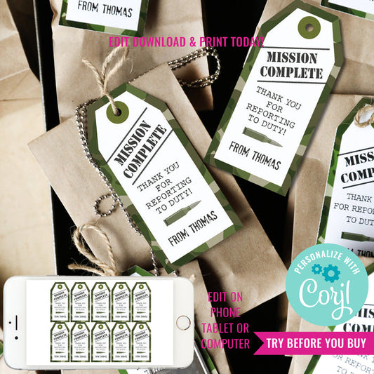 Army Camo Birthday Party Favor Tags | Camo Army Party Favors