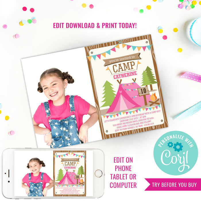 Backyard Camping Party Invitation for a Girl