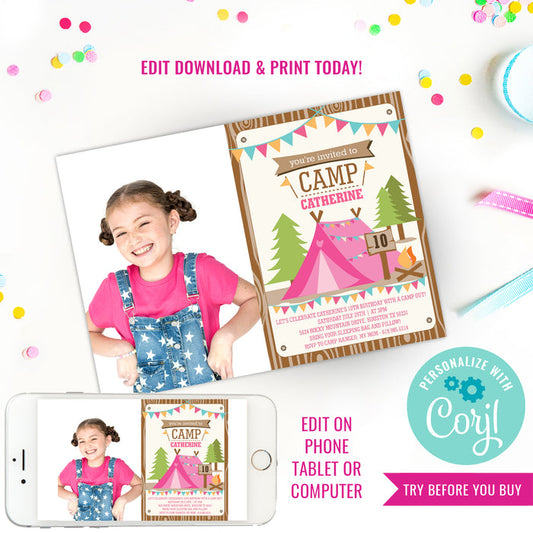 Backyard Camping Party Invitation for a Girl